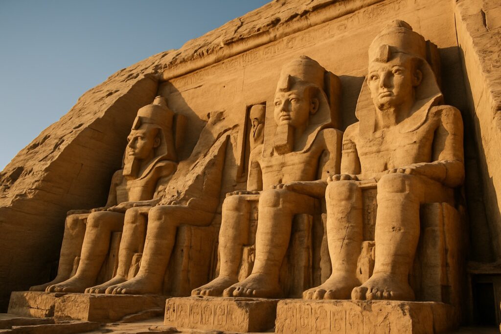 Kolossalstatuen von Pharaonen an einem altägyptischen Tempel