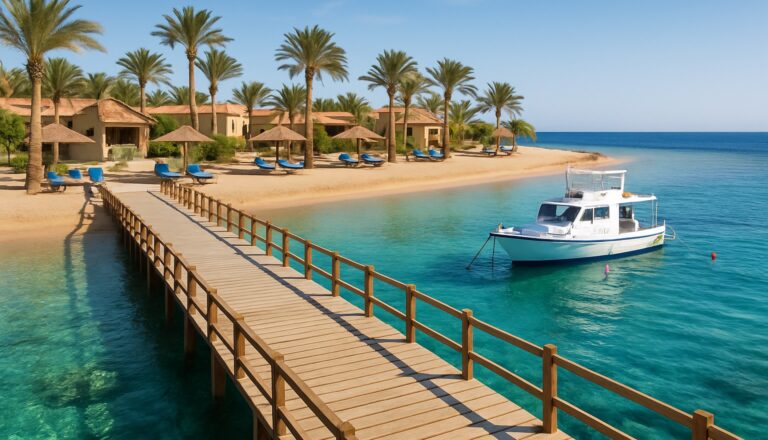 Tauchresort am Roten Meer mit Steg und Tauchboot in Aegypten